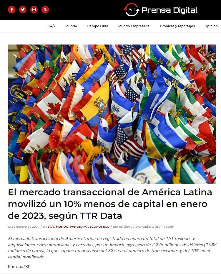 El mercado transaccional de Amrica Latina moviliz un 10% menos de capital en enero de 2023, segn TTR Data